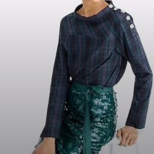 J crew funnel neck jewelled plaid preppy Christmas long sleeve shirt size 0